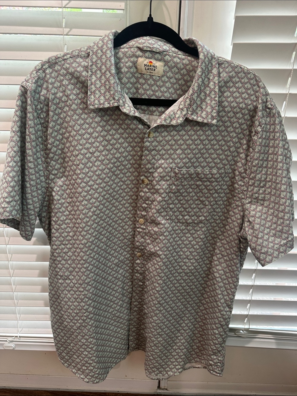 Marine Layer Short Sleeve Button-Up Shirt in Light Teal and Pink Geometric Print